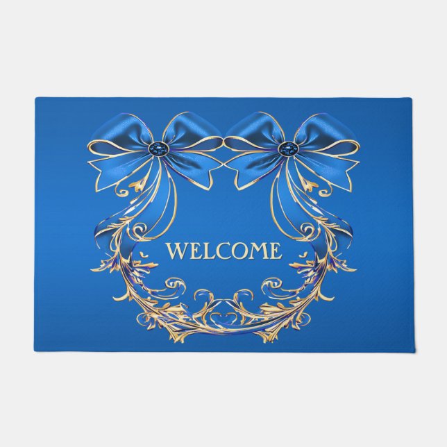 Blue Gold Flowers Holiday Doormat (Front)