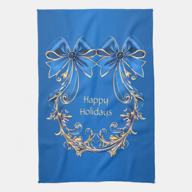 Blue Gold Flowers Holiday Kitchen Towel (Vertical)