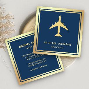 Blue Gold Foil Aircraft Aeroplane Airline Pilot Square Business Card