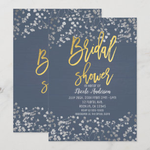 Blue Gold Foil Baby's Breath Modern Bridal Shower Invitation