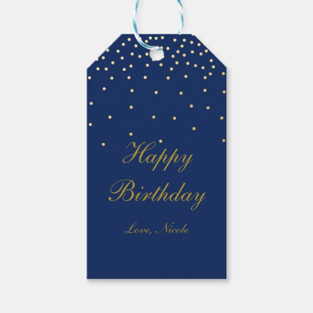 Blue & Gold Foil Confetti Dots Party Gift Tag (Front)