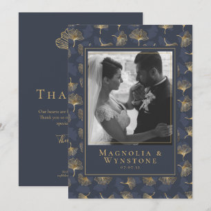 Blue Gold Foil Elegant Floral Photo Wedding Thank You Card
