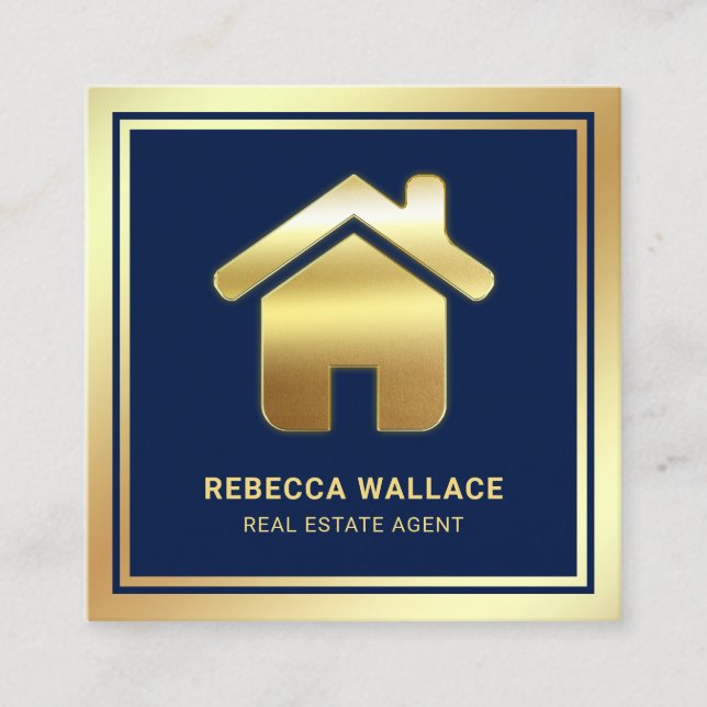 Blue Gold Foil Home Logo Real Estate Agent Square Business Card (Front)