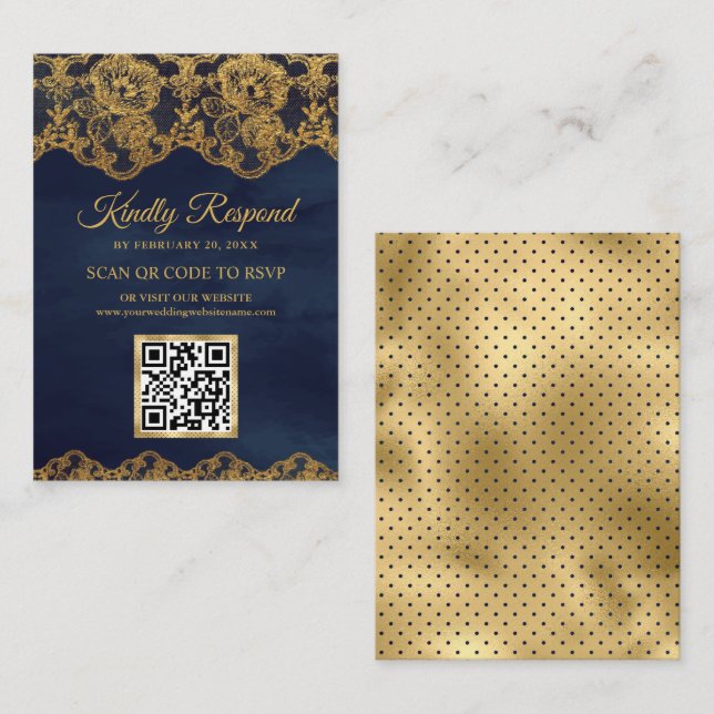 Blue Gold Foil Lace QR Code RSVP Wedding Website Enclosure Card (Front/Back)
