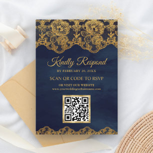 Blue Gold Foil Lace QR Code RSVP Wedding Website Enclosure Card