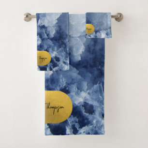 Blue Gold Foil Sea Crystals Signature Script  Bath Towel Set
