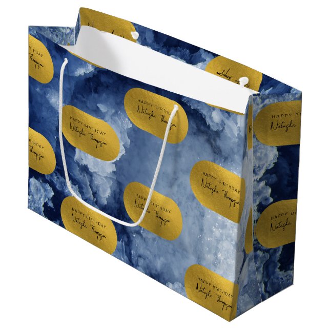 Blue Gold Foil Sea Crystals Signature Script Large Gift Bag (Front Angled)
