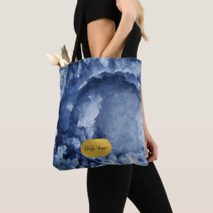 Blue Gold Foil Sea Crystals Signature Script Tote Bag