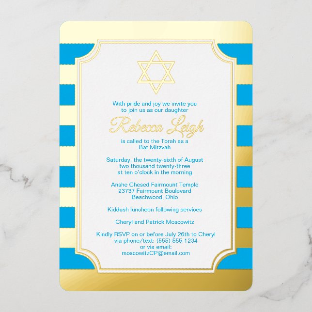 Blue, Gold Foil Striped Star Bat Mitzvah Invite (Front)