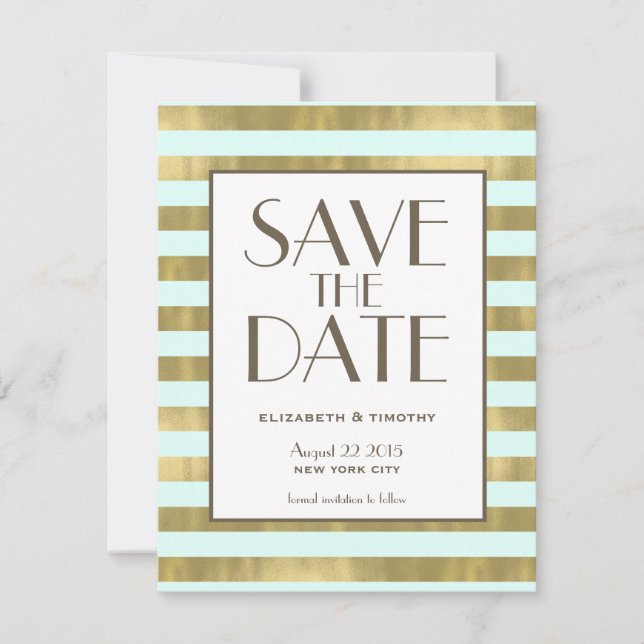Blue Gold Foil Stripes Save the Date (Front)