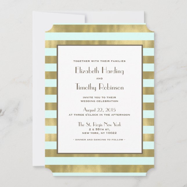 Blue Gold Foil Stripes Wedding Invitation (Front)