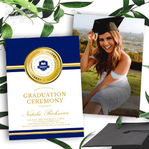 Blue & Gold Formal Graduation Ceremony Photo Invitation