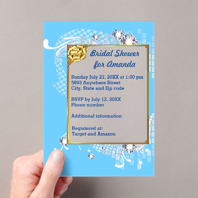 Blue & Gold Frame & Diamonds Image Bridal Shower Acrylic Invitations (Insitu (Handheld))