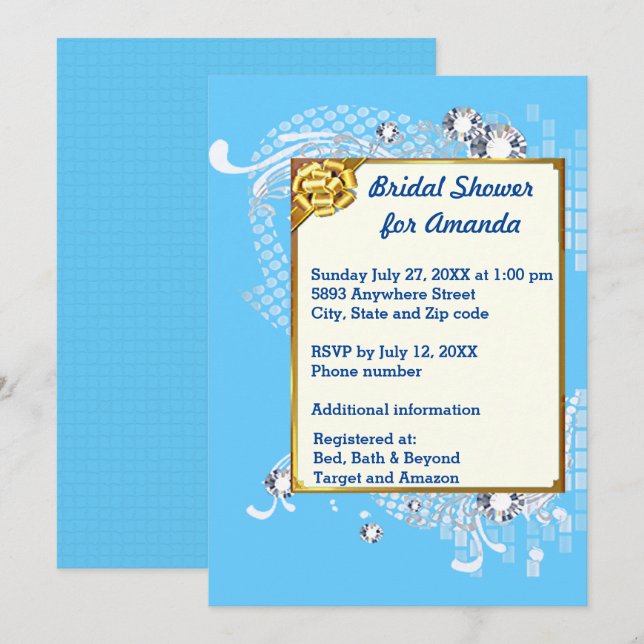 Blue & Gold Frame & Diamonds Image Bridal Shower Invitation (Front/Back)