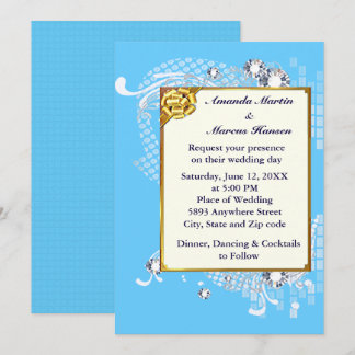 Blue & Gold Frame & Diamonds Image Wedding Invite