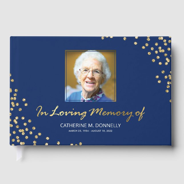 Blue Gold Funeral Condolence | Photo Memorial Guest Book (Front)