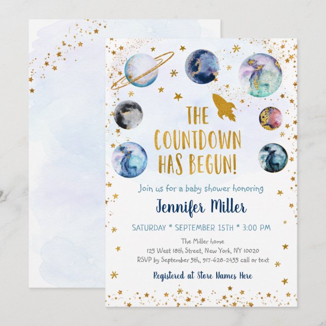 Blue Gold Galaxy Countdown Has Begun Baby Shower Invitation (Front/Back)