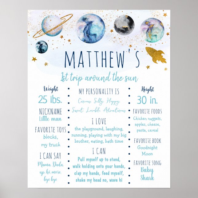Blue Gold Galaxy Space First Birthday Milestone Poster (Front)