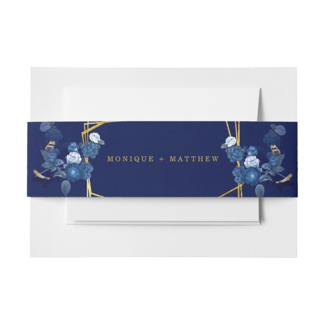 Blue & Gold Geometric Botanical Floral Wedding Invitation Belly Band (Front Example)