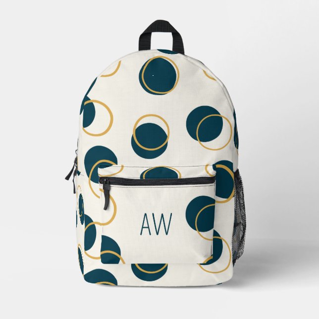 Blue Gold Geometric Circles Monogram Initials Printed Backpack (Front)