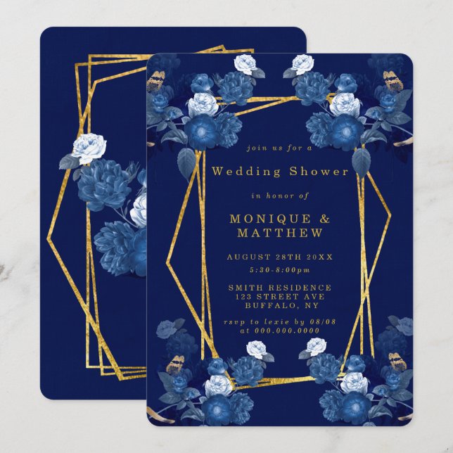 Blue & Gold Geometric Flora Wedding Shower Invite (Front/Back)