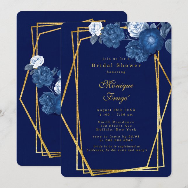 Blue & Gold Geometric Floral Bridal Shower Invitation (Front/Back)