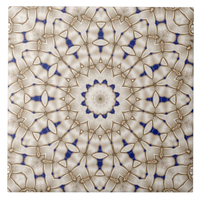 Blue Gold Geometric Floral Ceramic Tile (Front)