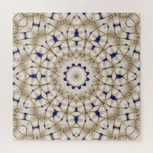 Blue Gold Geometric Floral Jigsaw Puzzle