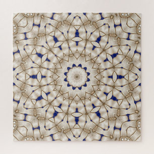 Blue Gold Geometric Floral Jigsaw Puzzle