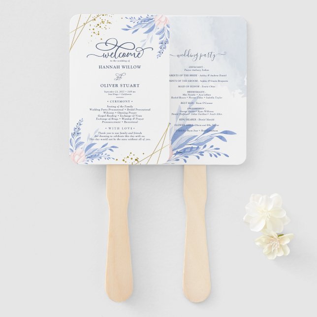 Blue Gold Geometric Pink Floral Wedding Programs Hand Fan (Front and Back)