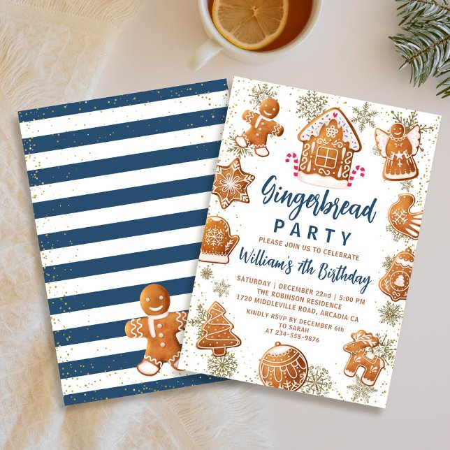 Blue Gold Gingerbread Cookie Decorating Birthday Invitation (Creator Uploaded)