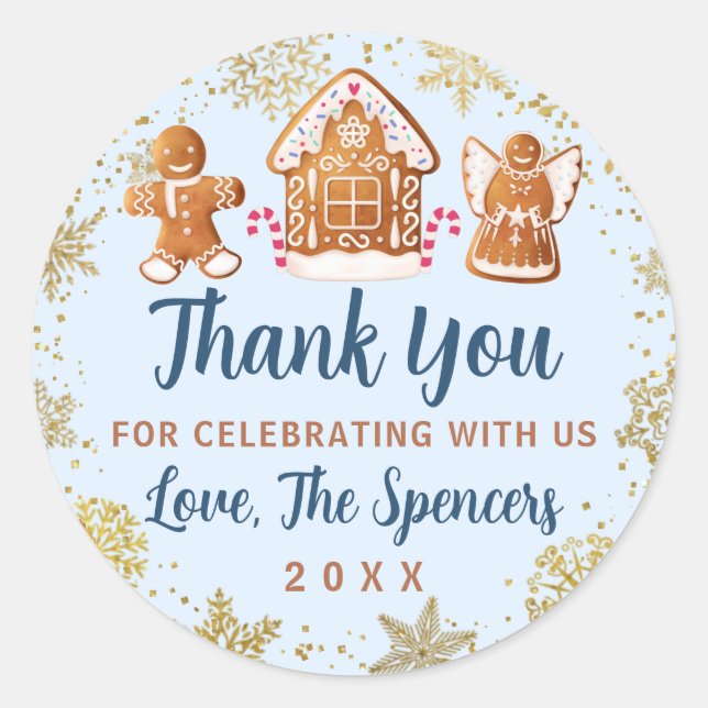 Blue Gold Gingerbread House Party Thank You Classic Round Sticker (Front)