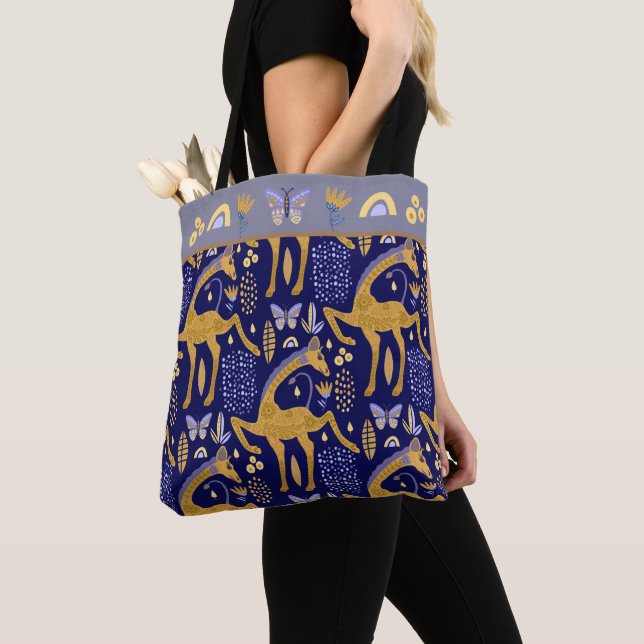 Blue Gold Giraffe Boho Pattern Tote Bag (Close Up)