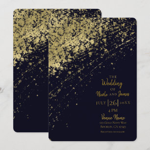Blue & Gold Glamour Paint Splatter Modern Wedding Invitation
