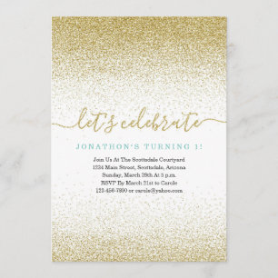 Blue & Gold Glitter 1st Birthday Invitation FIRST