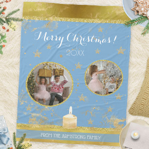 Blue Gold Glitter 2 Photo Family Name Holiday Fleece Blanket
