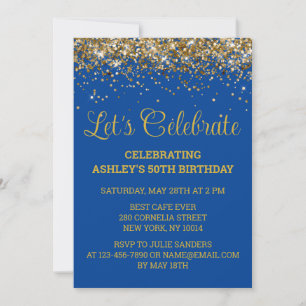Blue & Gold Glitter 50th Birthday Let's Celebrate Invitation