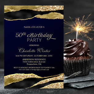 Blue Gold Glitter 50th Birthday Party Invitation