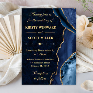 Blue & Gold Glitter Agate and marble Wedding Invitation