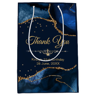 Blue & Gold Glitter Agate Birthday Thank You  Medium Gift Bag
