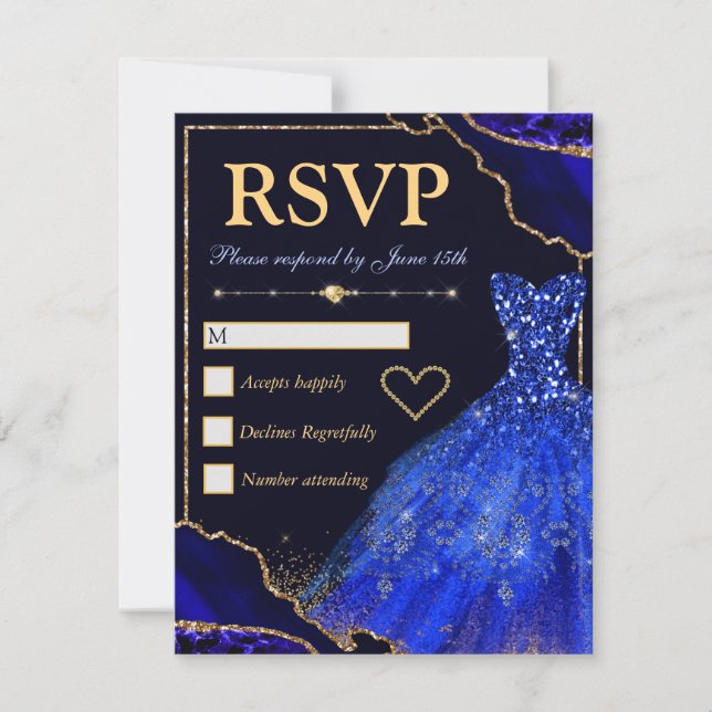 Blue & Gold Glitter Agate & Dress Sweet Sixteen RSVP Card (Front)