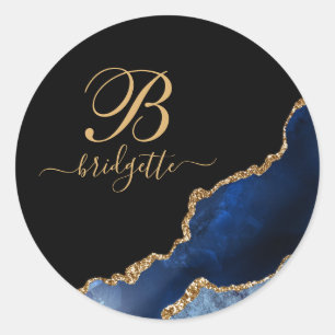 Blue Gold Glitter Agate Geode Monogram Classic Round Sticker