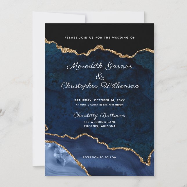 Blue Gold Glitter Agate Geode Wedding Invitation (Front)