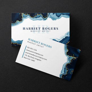 Blue Gold Glitter Agate Makeup Artist Initial Logo Business Card