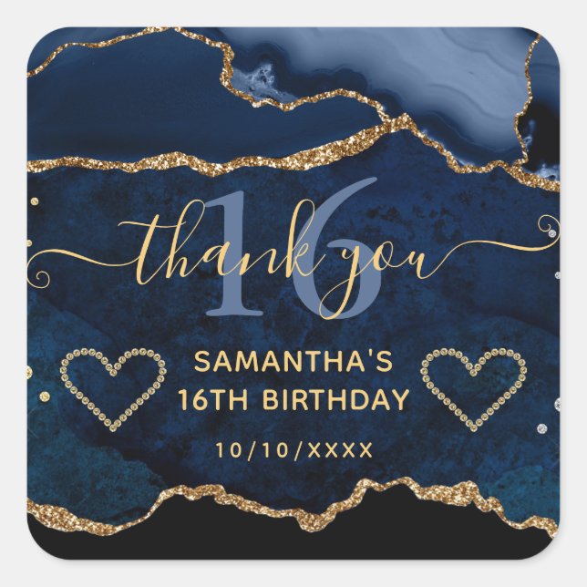 Blue & Gold Glitter Agate Marble Sweet 16 Square Sticker (Front)