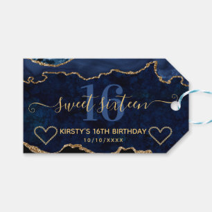 Blue & Gold Glitter Agate Marble Sweet Sixteen Gift Tags
