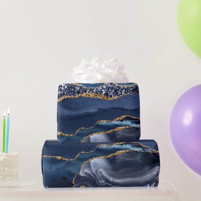 Blue Gold Glitter Agate Marble Trendy Chic Wrapping Paper (Party Gifts)