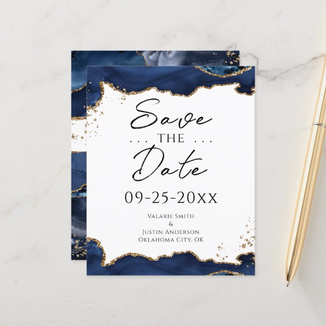 Blue Gold Glitter Agate Save the Date (Front/Back In Situ)