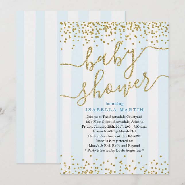 Blue & Gold Glitter Baby Shower Invitation for Boy (Front/Back)