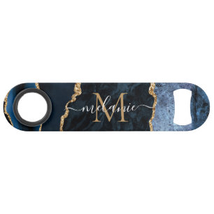 Blue Gold Glitter Bar Key Personalized Name Letter